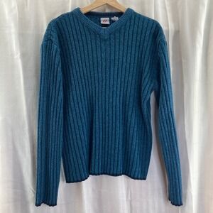 Mens Anchor Blue V-Neck Sweater Ribbed Knit‎ Blue Small Acrylic Y2K